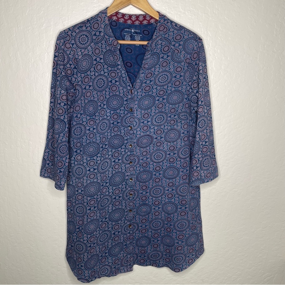 April Cornell Tunic Top/Dress Size S Button Up Geo Print Mandala Blue Burgundy